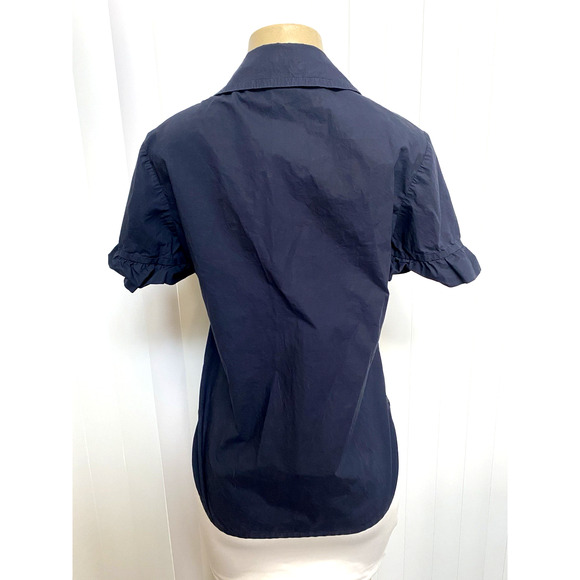 Tory Burch Cotton Shirt Half Button Navy Short Sleeve Ruffled Stretch Blue Top 8 - Picture 3 of 6